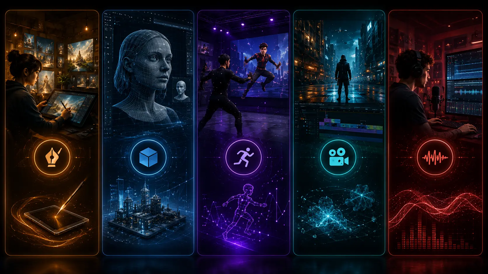 Five creative disciplines — concept art, 3D, animation, video, and audio — each in its own AI-native workspace.